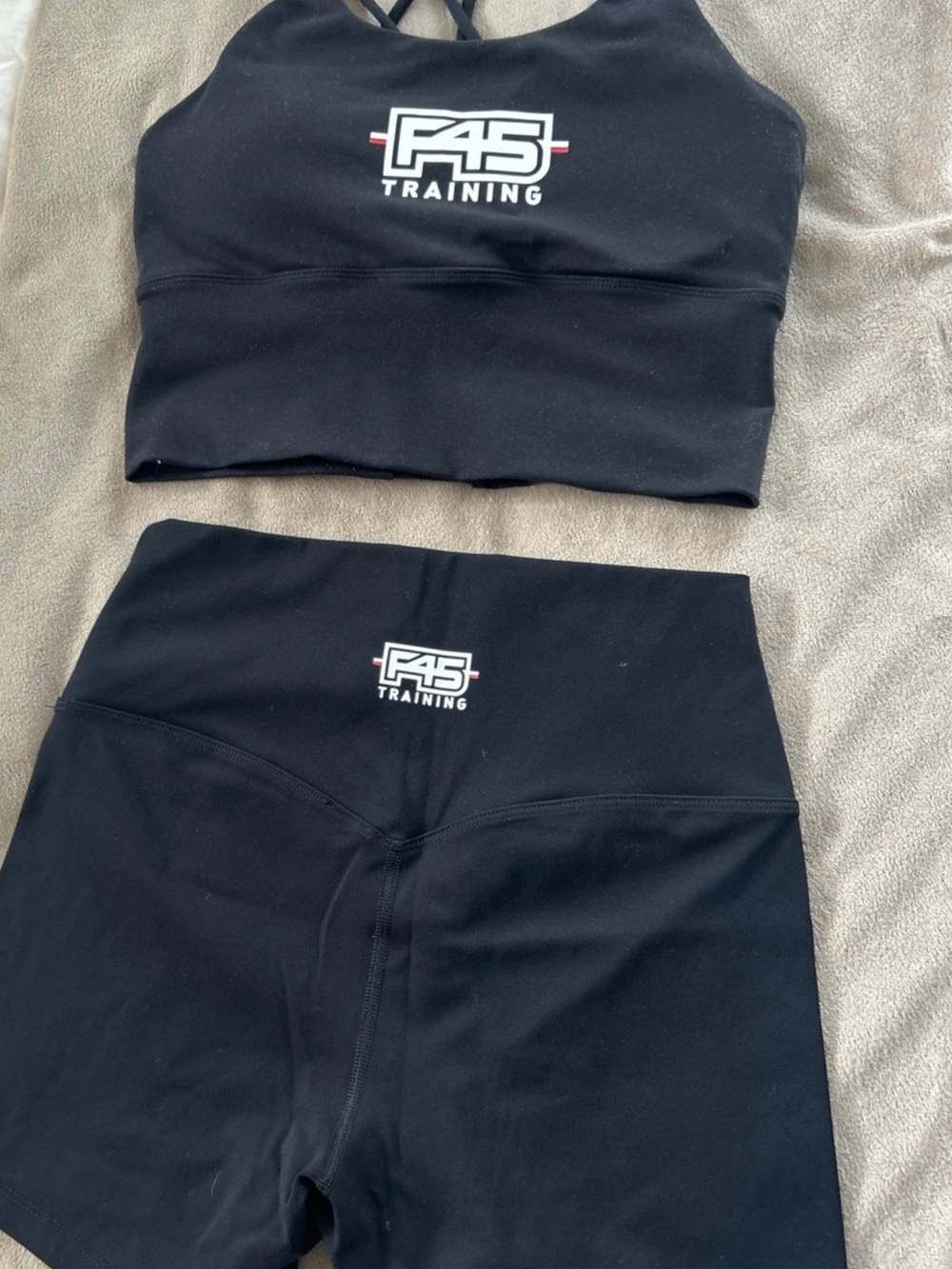 F45 Training Women’s Black High-Waist shorts and matching top
